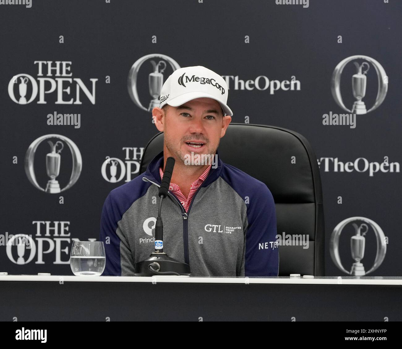 Troon, South Ayrshire, Scotland. 15th July 2024; Royal Troon Golf Club, Troon, South Ayrshire, Scotland; The Open Championship Practice Day; Brian Harman, Champion Golfer of 2023 speaks to the press after returning the Claret Jug Credit: Action Plus Sports Images/Alamy Live News Stock Photo