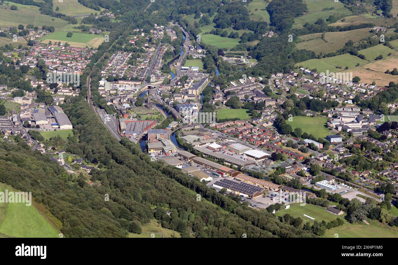 Aerial view of Mytholmroyd village on the Rochdale Canal. In the parish of Hebden Royd, near Hebden Bridge, West Yorkshire Stock Photo