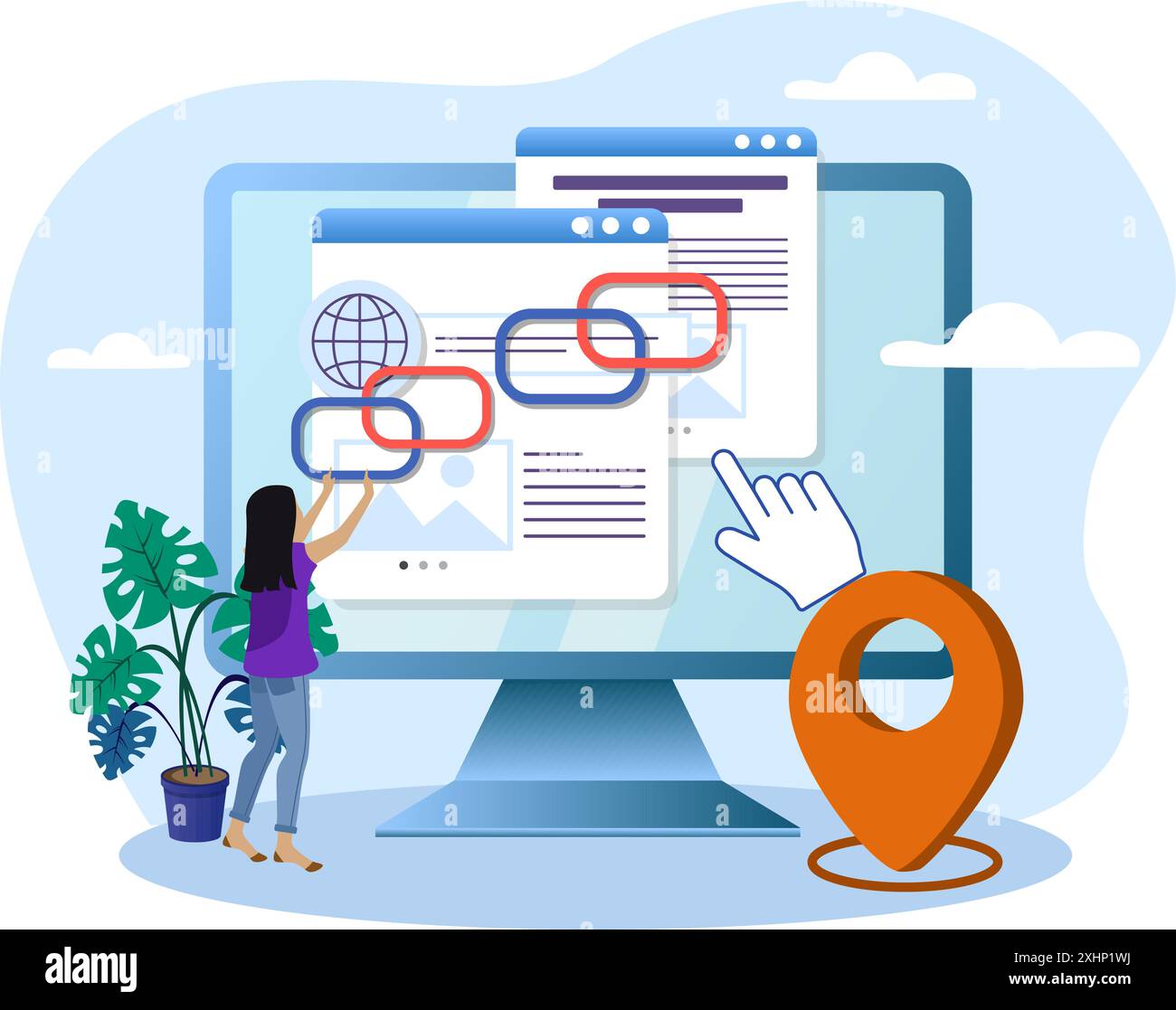Website developer building backlinks for seo and higher ranking in search engine results Stock Vector