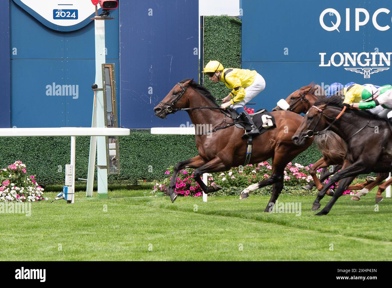 Ascot, Berkshire, UK. 13th July, 2024. Horse Fair Wind (No 12) ridden by jockey Pat Dobbs wins the A1R Services Heritage Handicap Stakes at Ascot Racecourse in Berkshire at the Summer Mile Family Raceday. Owner Kennet Valley Syndicates V, Trainer Owen Burrows, Lambourn, Breeder D R Botterill, Sponsor Offbeat Safaris Holdings Ltd. Credit: Maureen McLean/Alamy Live News Stock Photo
