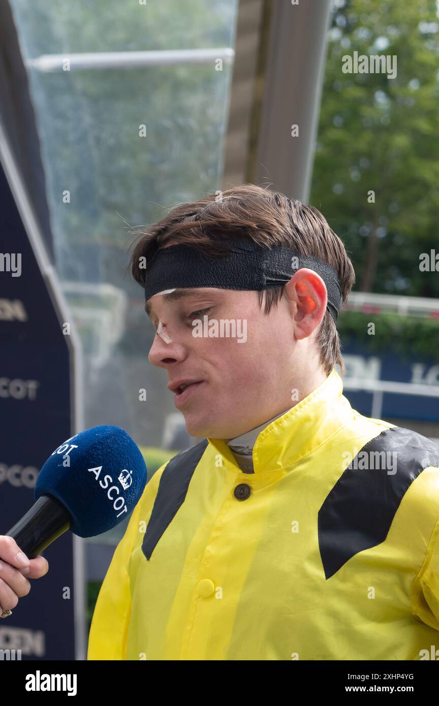 Ascot, Berkshire, UK. 13th July, 2024. Jockey Callum Shepherd who sustained facial cuts in a fall yesterday, wins the Anne Cowley Memorial Summer Miles Stakes at Ascot Racecourse riding horse Quddwah at the Summer Mile Family Raceday. Credit: Maureen McLean/Alamy Stock Photo