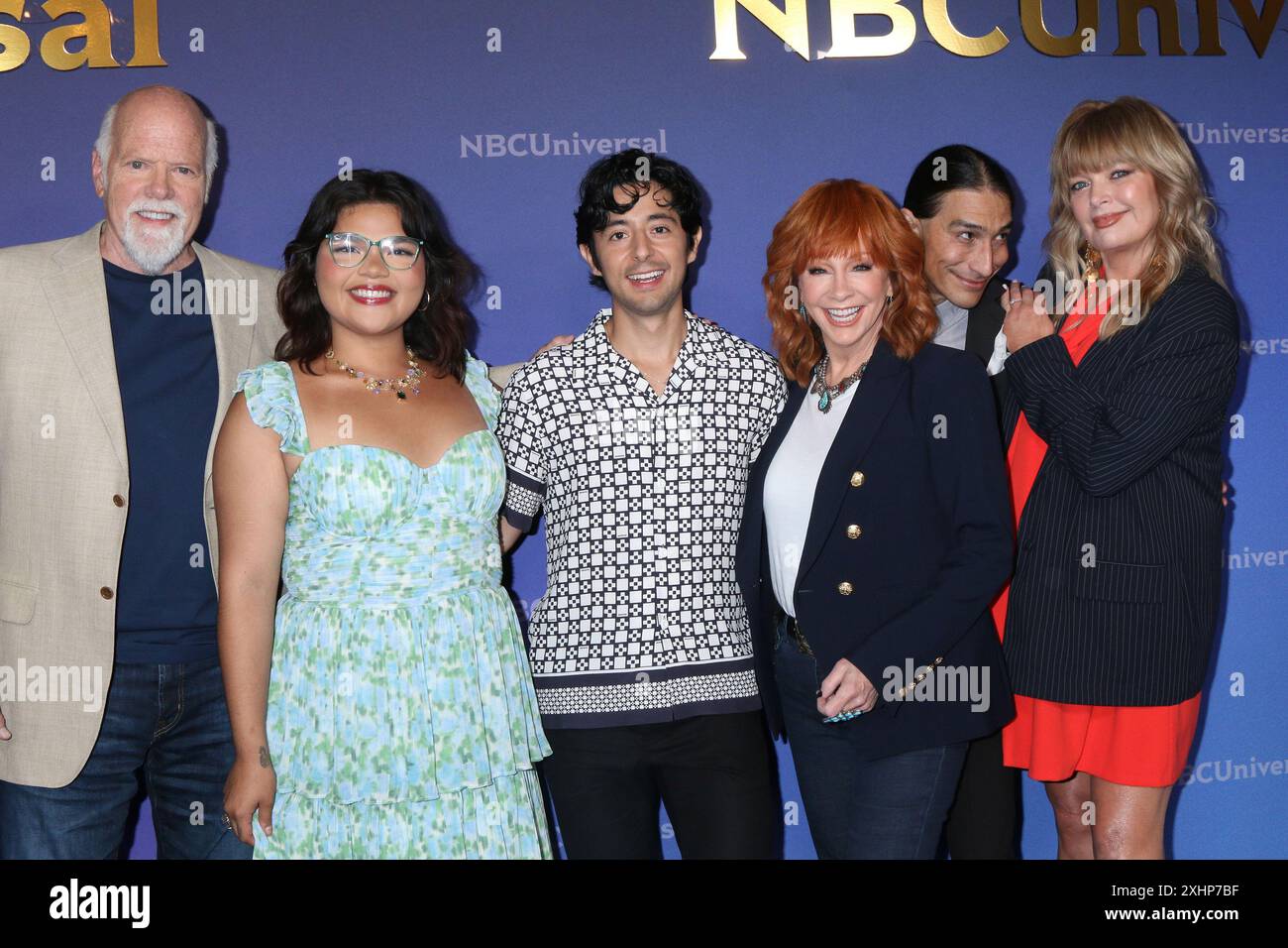 Pasadena, USA. 14th July, 2024. LOS ANGELES - JUL 14: Rex Linn, Belissa Escobedo, Pablo Castelblanco, Reba McEntire, Tokala Black Elk, Melissa Peterman at the NBCUniversal TCA Press Tour at the Langham Hotel on July 14, 2024 in Pasadena, CA (Photo by Katrina Jordan/Sipa USA) Credit: Sipa USA/Alamy Live News Stock Photo