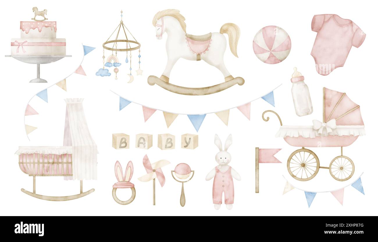 Baby Toys watercolor set with rocking Horse, pram and cradle for cute ...