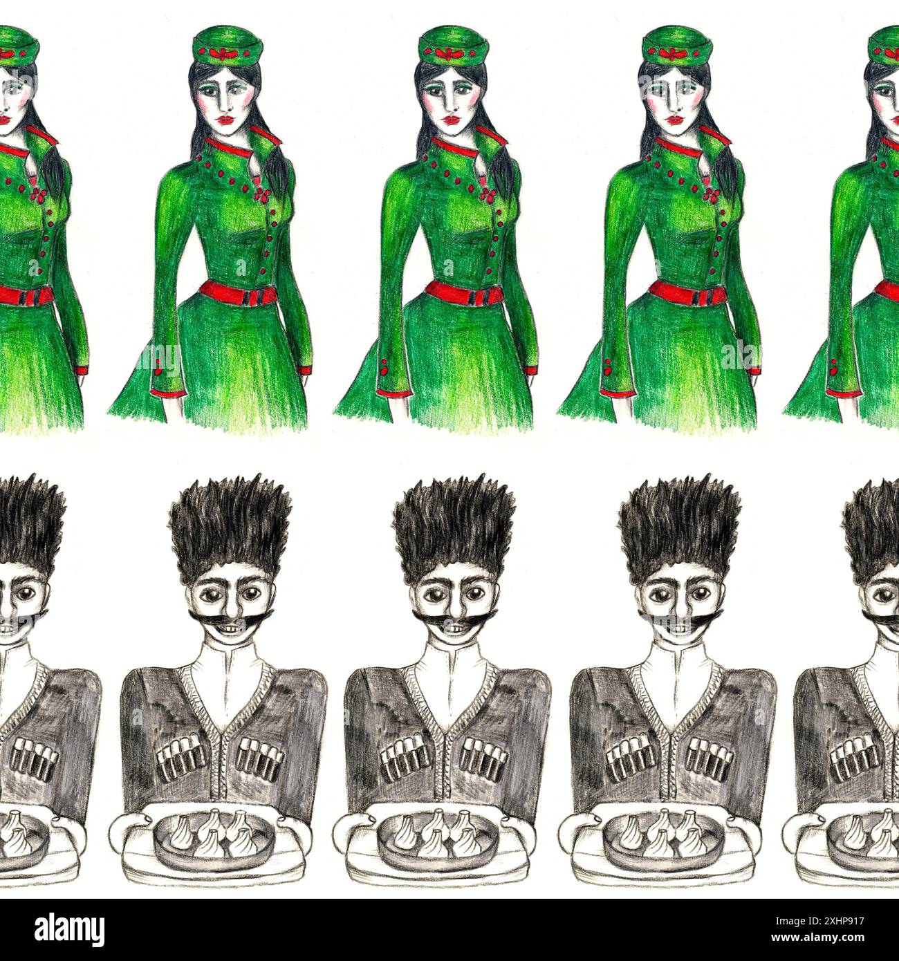 Georgian man and girl in national costumes, seamless pattern. Drawing ...