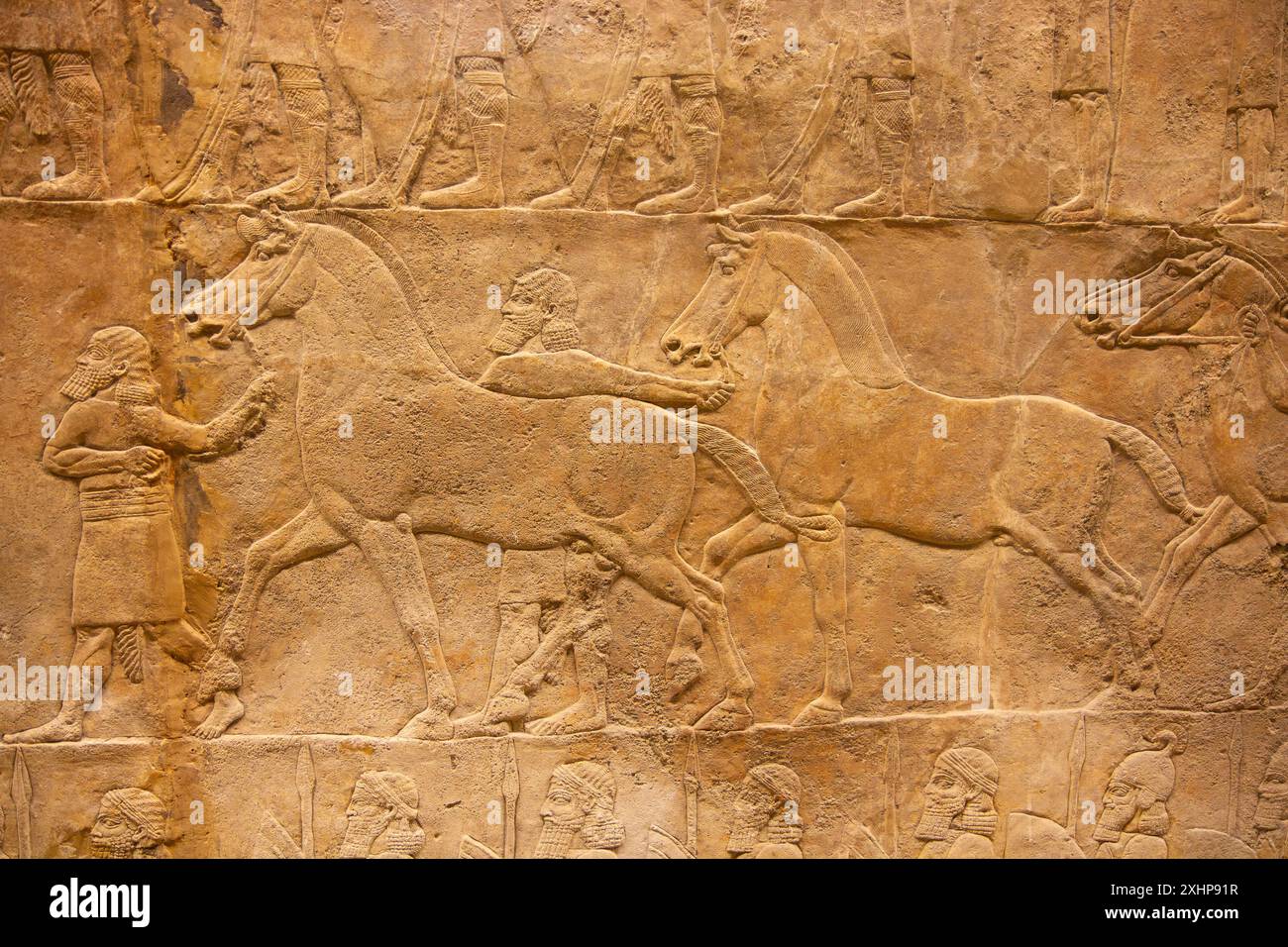 Assyrian grooms leading horses. Lion Hunt of Ashurbanipal. British Museum, London, England. Stock Photo