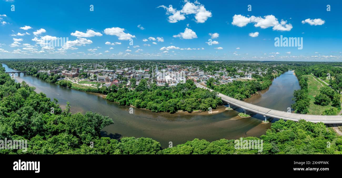 Aerial view Fredericksburg Virginia with Circuit Court building , historic business district, Baptist church, Chatham bridge over Rappahannock River Stock Photo