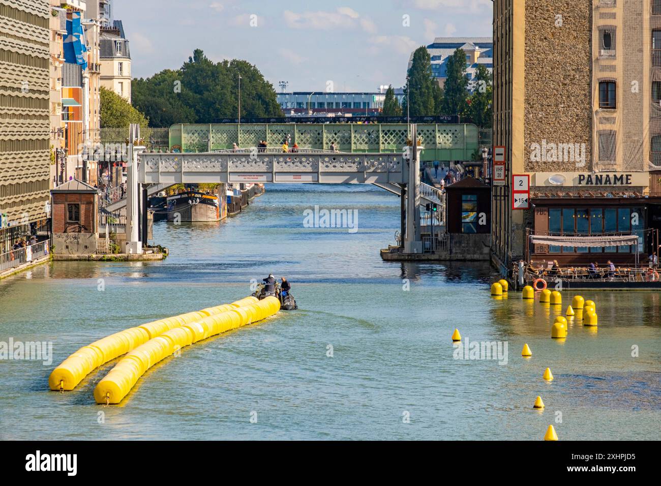 France, Paris, Bassin de la Villette, towing buoys of the summer swimming pool Stock Photo