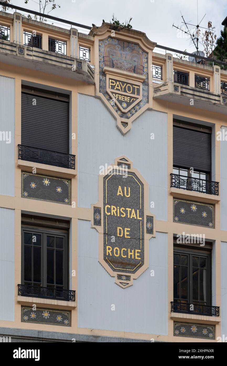 France, Haute Savoie, Mont Blanc massif, Chamonix town, the art deco facade of the old Payot jewelry store on place Balmat Stock Photo