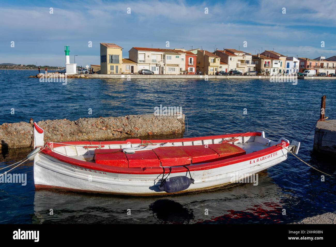 France, Herault, Sete, Sete channel, red boats facing the district of ...