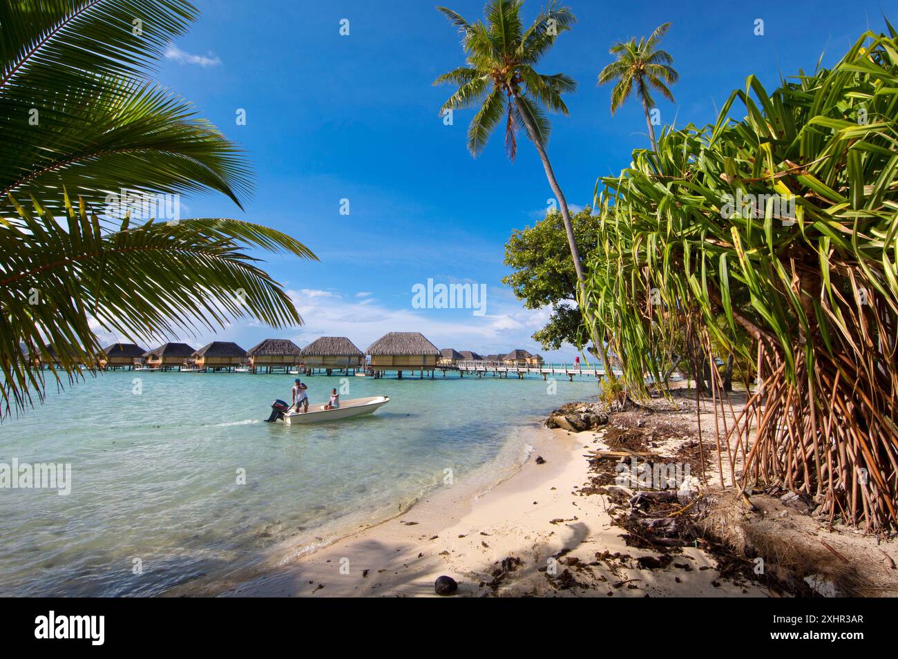French Polynesia, Taha'a island, fishermen on a boat passing on the ...