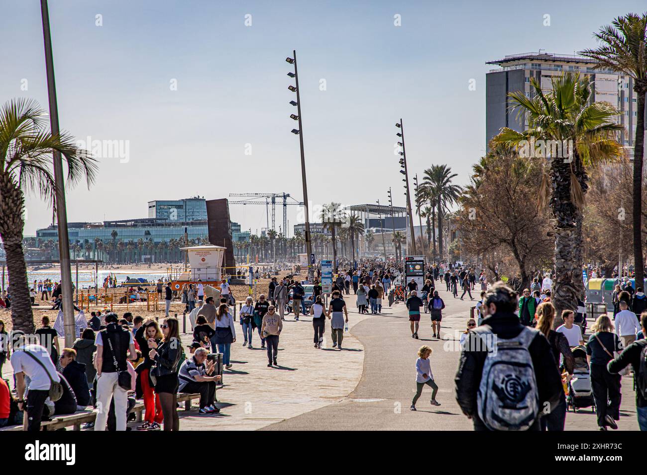 packed crowds of lots of people walking along street at the beach in ...