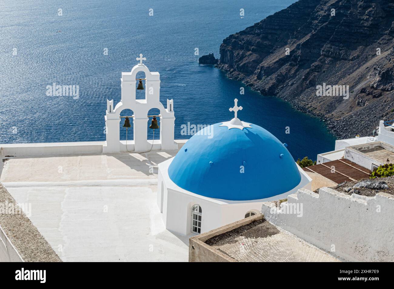 Three Bells of Fira Church, Santorini, iconic view of Bells and Blue ...