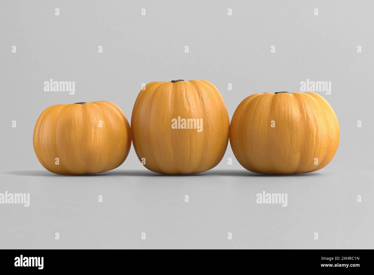 Three orange pumpkins placed side by side on a grey background Stock ...