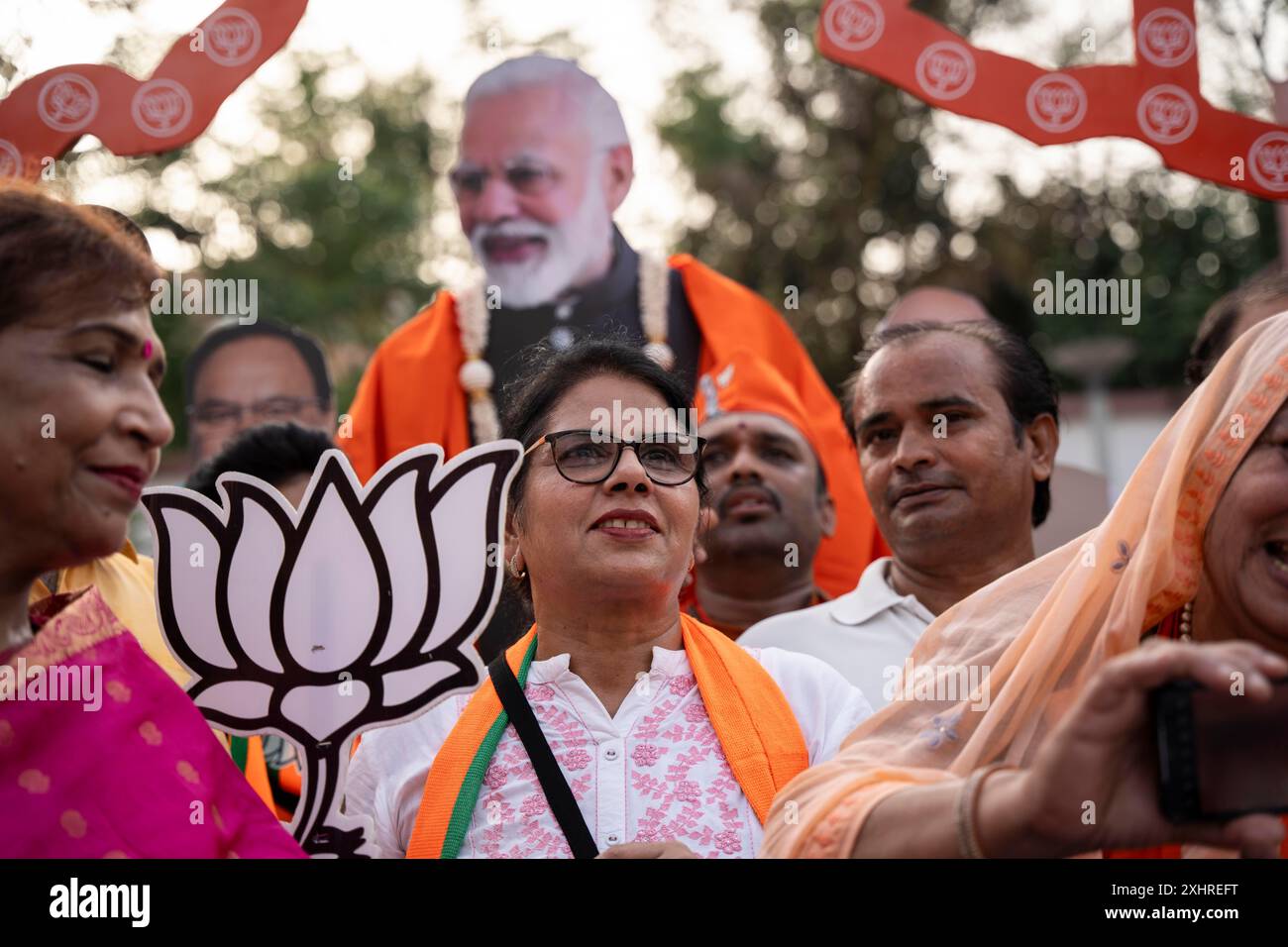 New Delhi, India, 4 June 2024. Bharatiya Janata Party (BJP) supporters ...