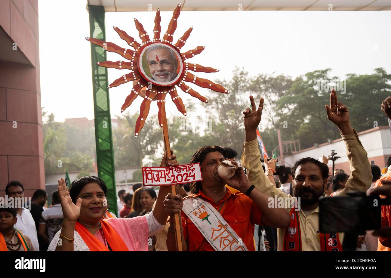 New Delhi, India, 4 June 2024. Bharatiya Janata Party (BJP) supporters ...