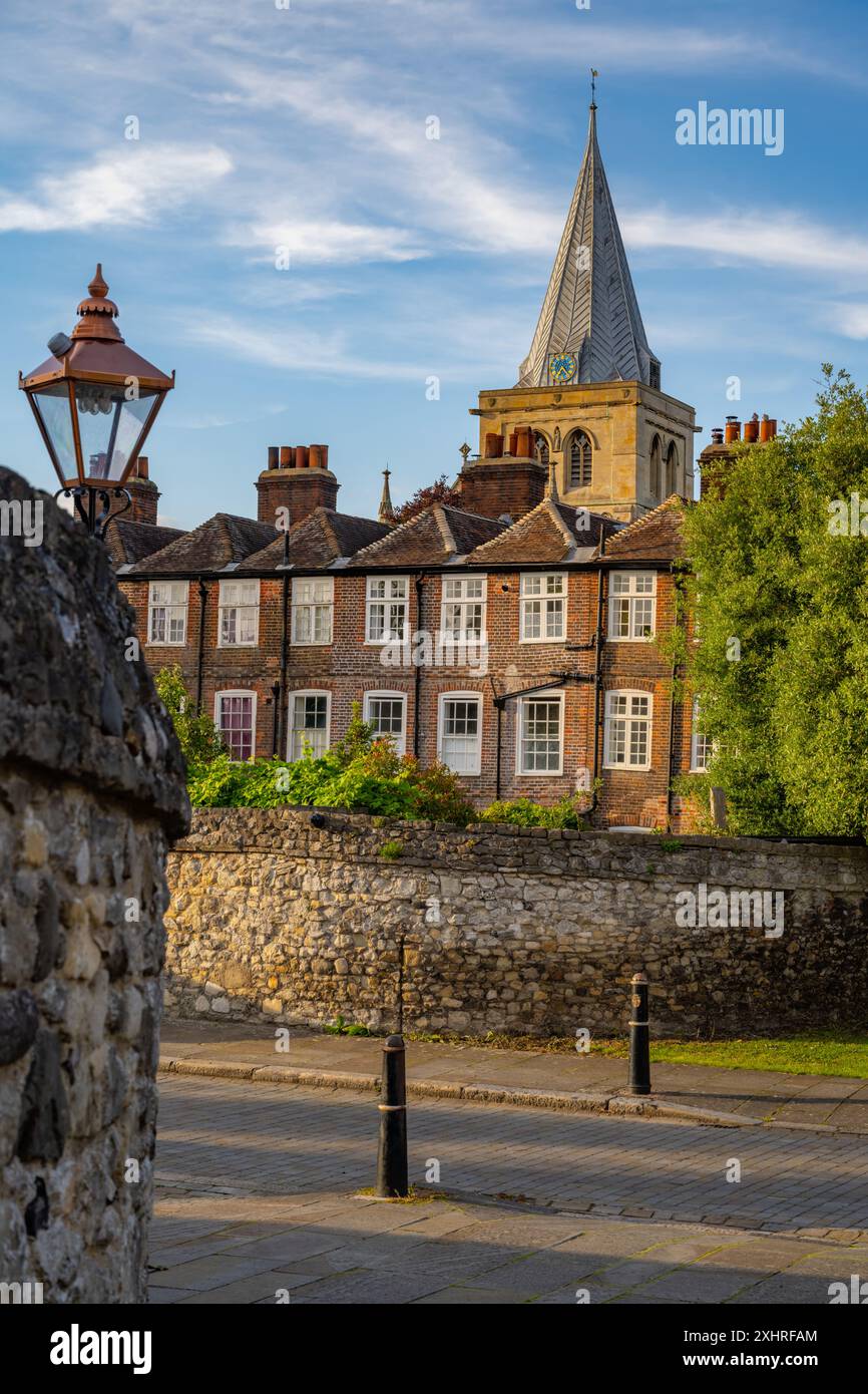 The tower of Rochester cathedral behind the houses on Minor Canons row ...