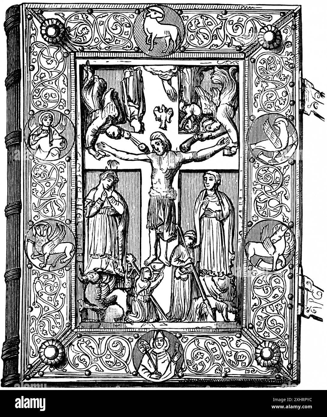 Front view of the prayer book of St Elisabeth, crucifixion of Jesus, angels, mourning, ornamentation, church building at the time of the Crusades Stock Photo
