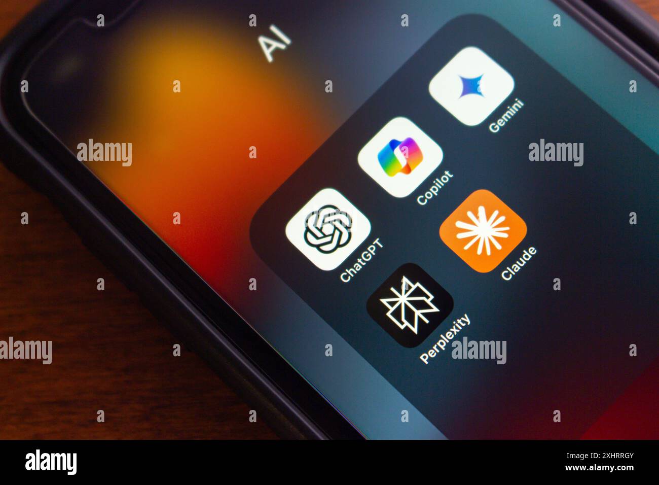 ChatGPT, Microsoft Copilot, Google Gemini, Perplexity and Claude icons seen on an iPhone. Artificial Intelligence, Generative AI Chatbot Concept Stock Photo