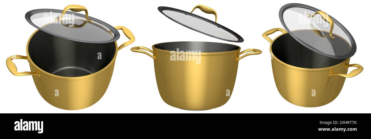 Set of stainless steel stewpot and chrome plated aluminum cookware on white background. 3d render of non-stick kitchen utensils Stock Photo
