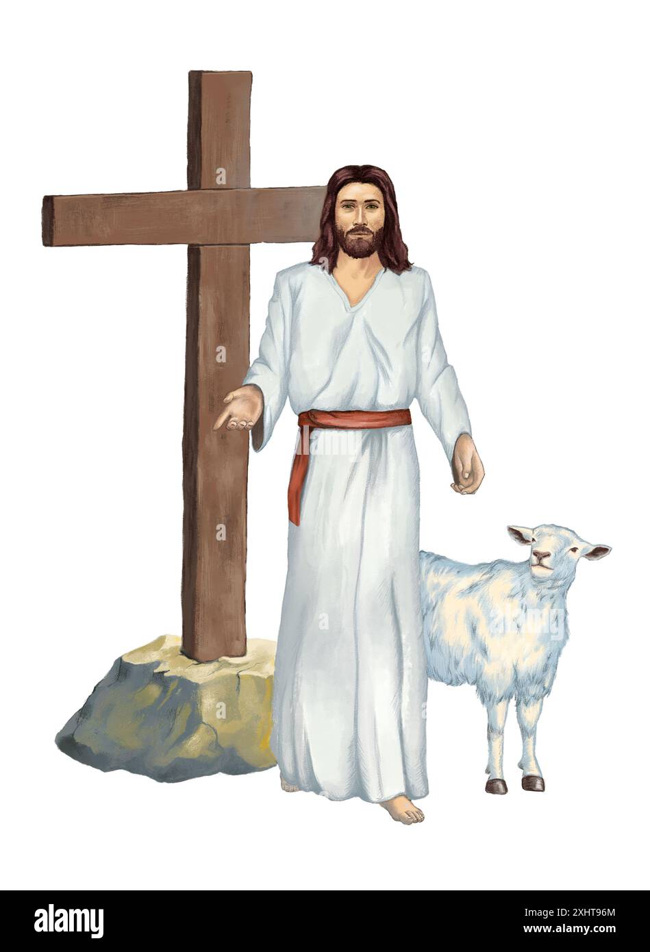 A cross stands tall behind Jesus Christ, with a sheep following and looking at him. Digital illustration, my own artwork. Stock Photo