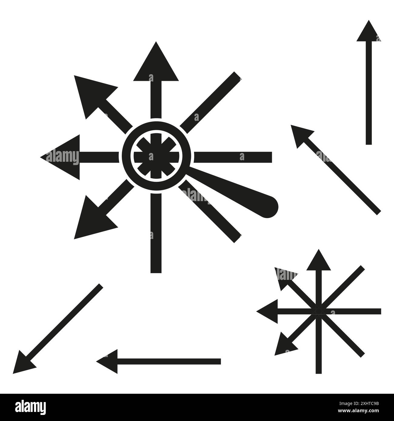 Arrow burst icon. Multiple directions. Vector symbol. Dynamic concept design. Stock Vector