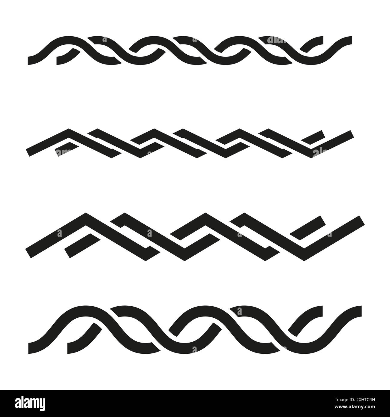 Wavy black lines. Geometric zigzag patterns. Decorative borders. Vector elements. Stock Vector