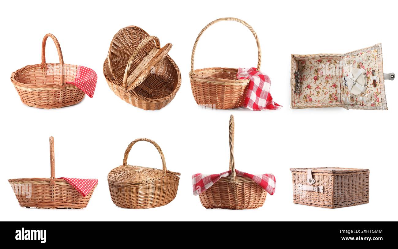 Wicker rattan baskets for picnic isolated on white, set Stock Photo - Alamy
