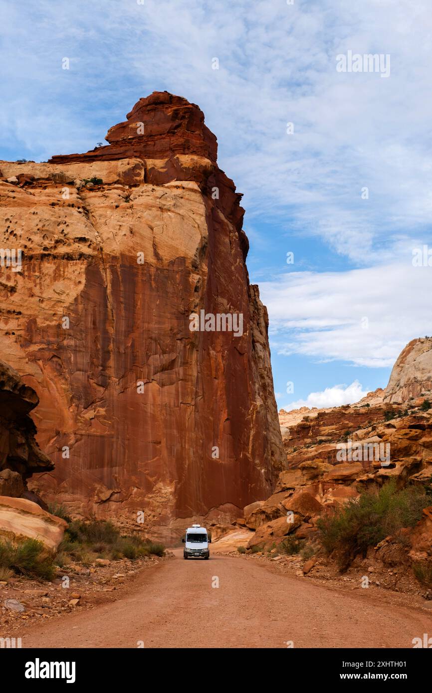 RV camper driving at the bottom of Grand Wash Road near Cassidy Arch in Capitol Reef National Park, Utah Stock Photo