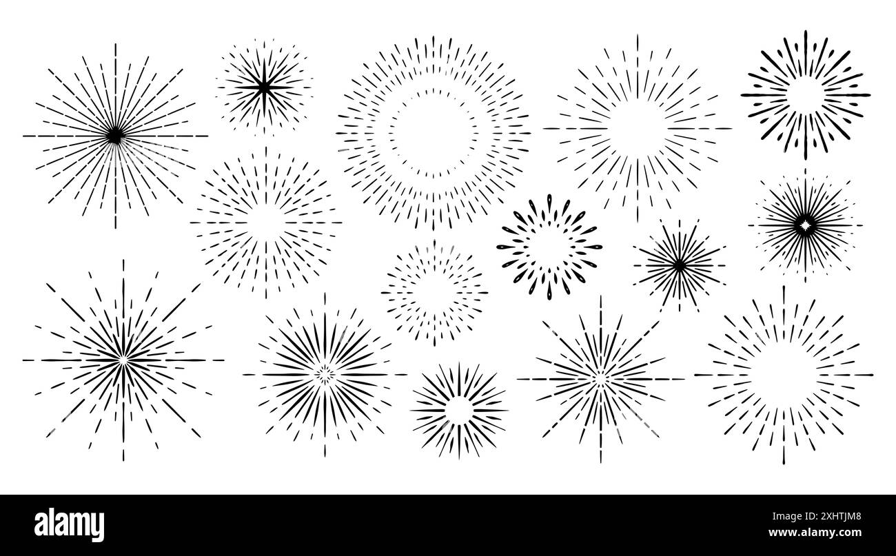 Set of sunburst design elements. Hand drawn Rays of sun. Vintage frames ...