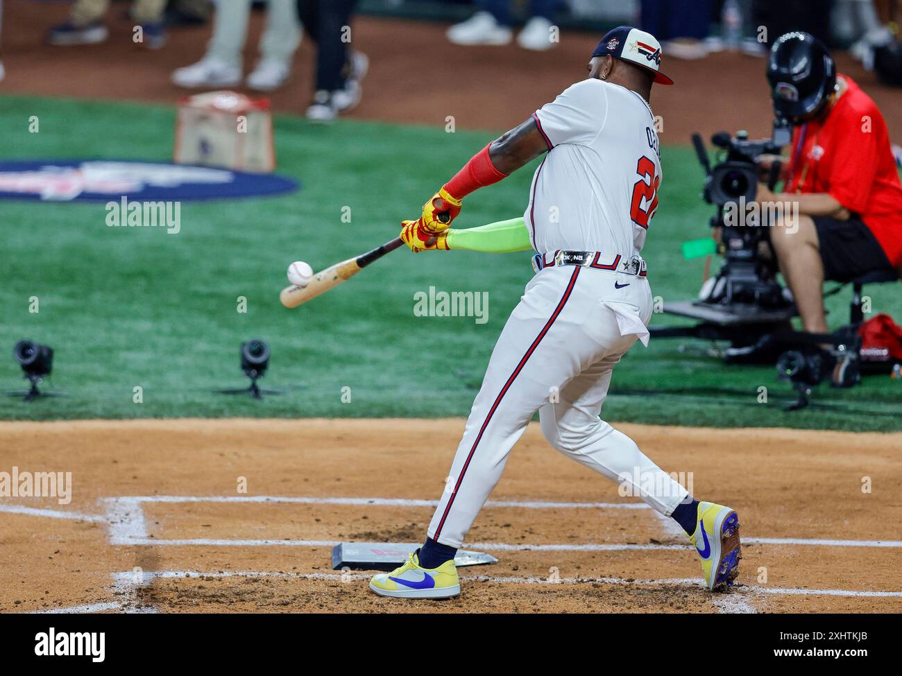 Atlanta Braves designated hitter Marcell Ozuna (20) connects during the