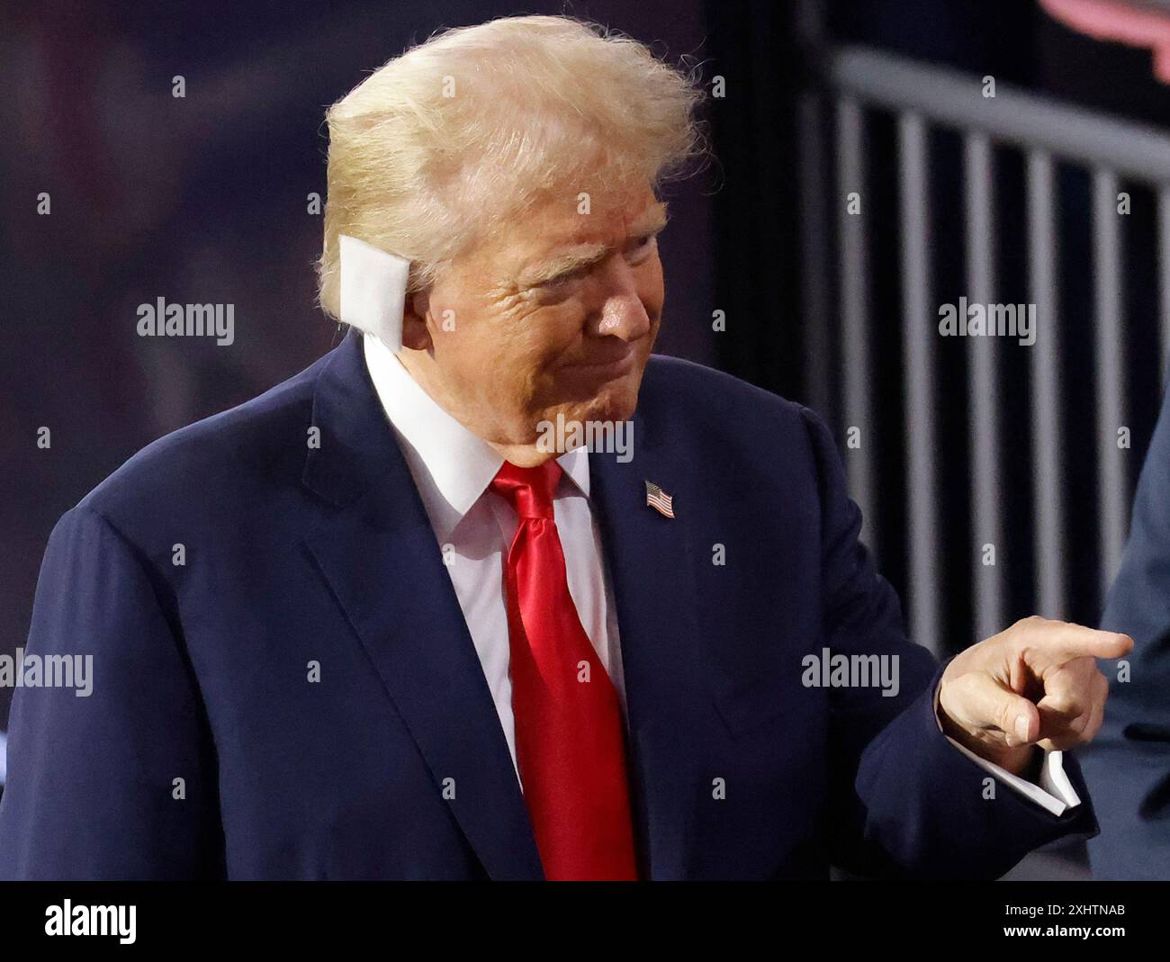 Milwaukee, United States. 15th July, 2024. Former President and Republican Presidential candidate Donald Trump, a bandage covering his ear from a bullet wound suffered July 14 during a campaign rally, arrives at the 2024 Republican National Convention at Fiserv Forum in Milwaukee, Wisconsin on Monday, July 15, 2024. The city of Milwaukee is hosting the 2024 Republican Convention which will run from July 15th through July 18th. Photo by Tannen Maury/UPI Credit: UPI/Alamy Live News Stock Photo