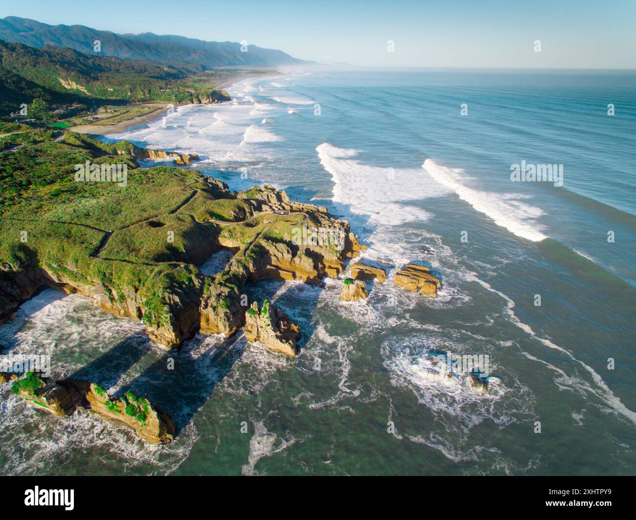 Aerial view of Dolomite point (pancake rocks) in Punakaiki, West Cast ...