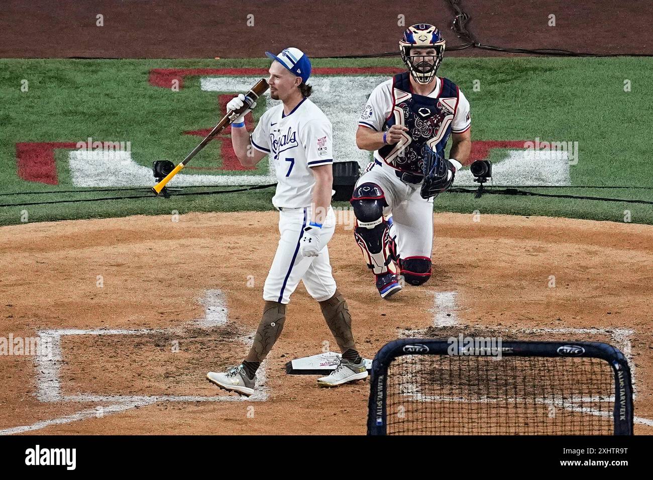 Bobby Witt Jr., left, of the Kansas City Royals, reacts after losing to