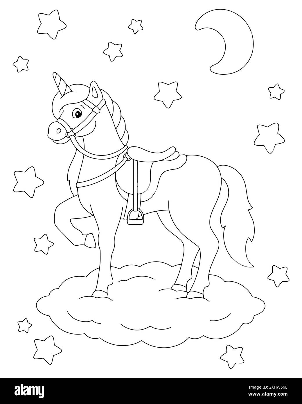 A beautiful unicorn stands on a cloud at night. Coloring book page for ...
