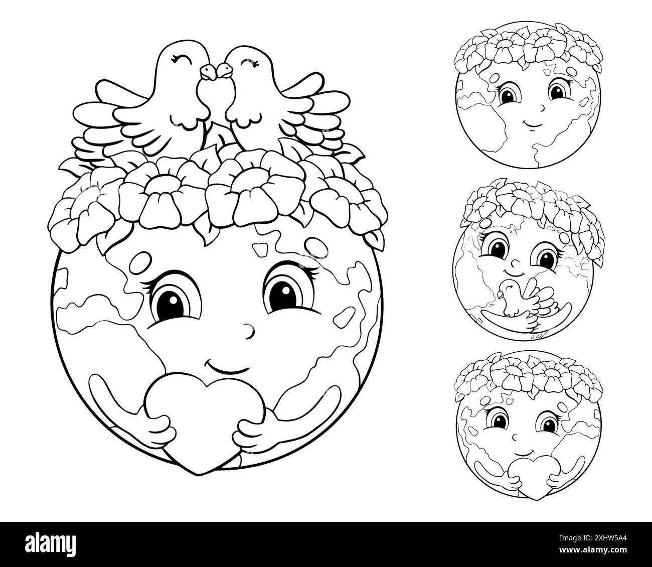 Set of cute planets for Earth Day. Coloring book page for kids. Cartoon ...