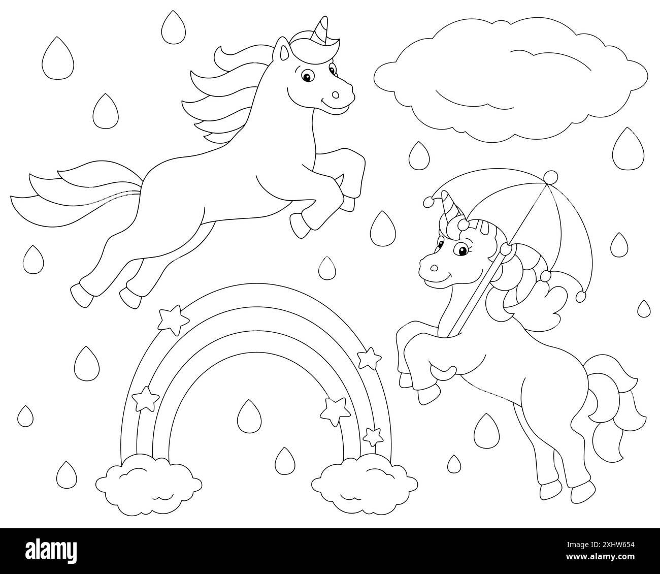 Rainbow, rain and cute unicorns. Coloring book page for kids. Cartoon ...