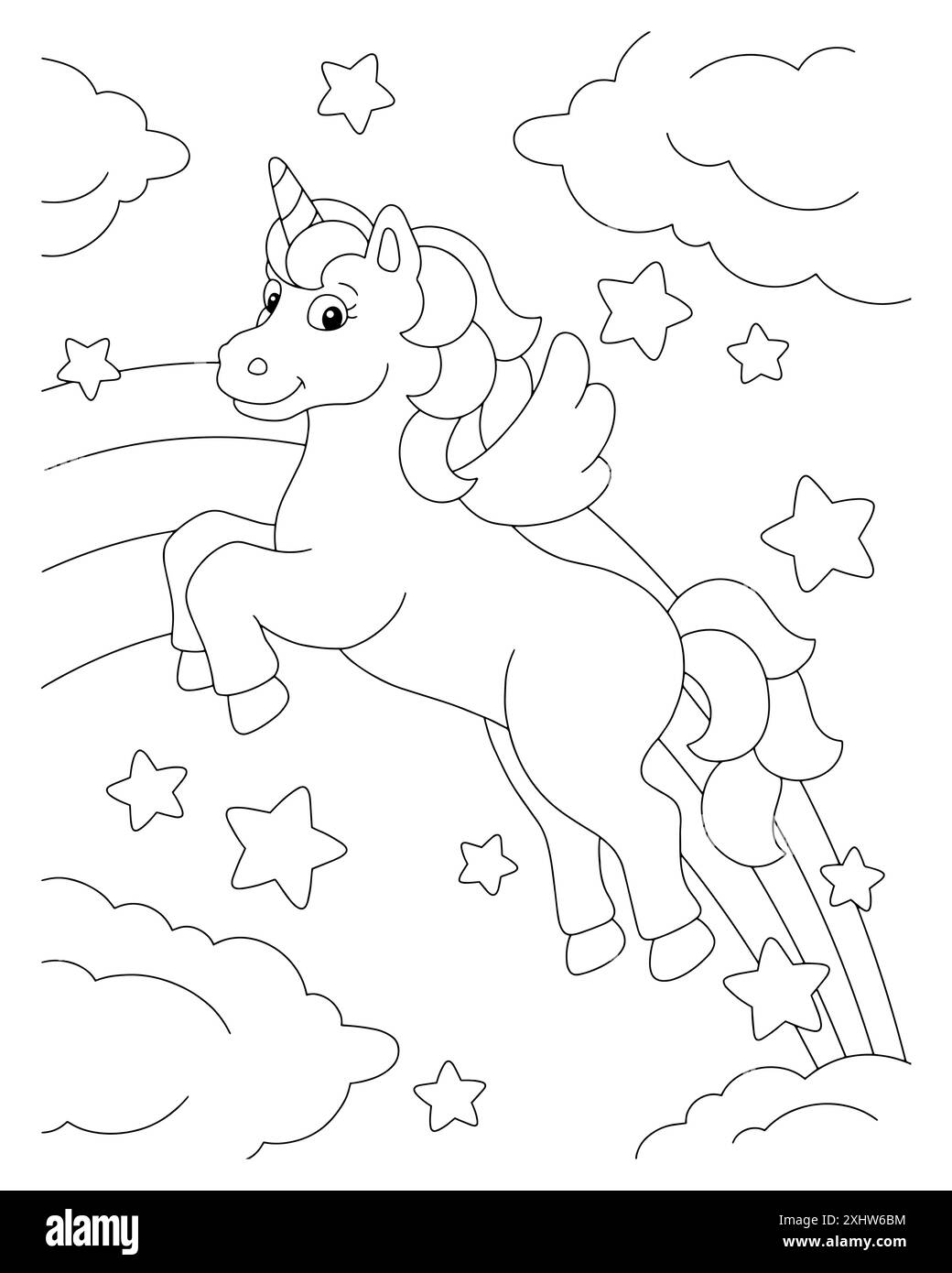 A cute unicorn flying across the sky. Coloring book page for kids ...