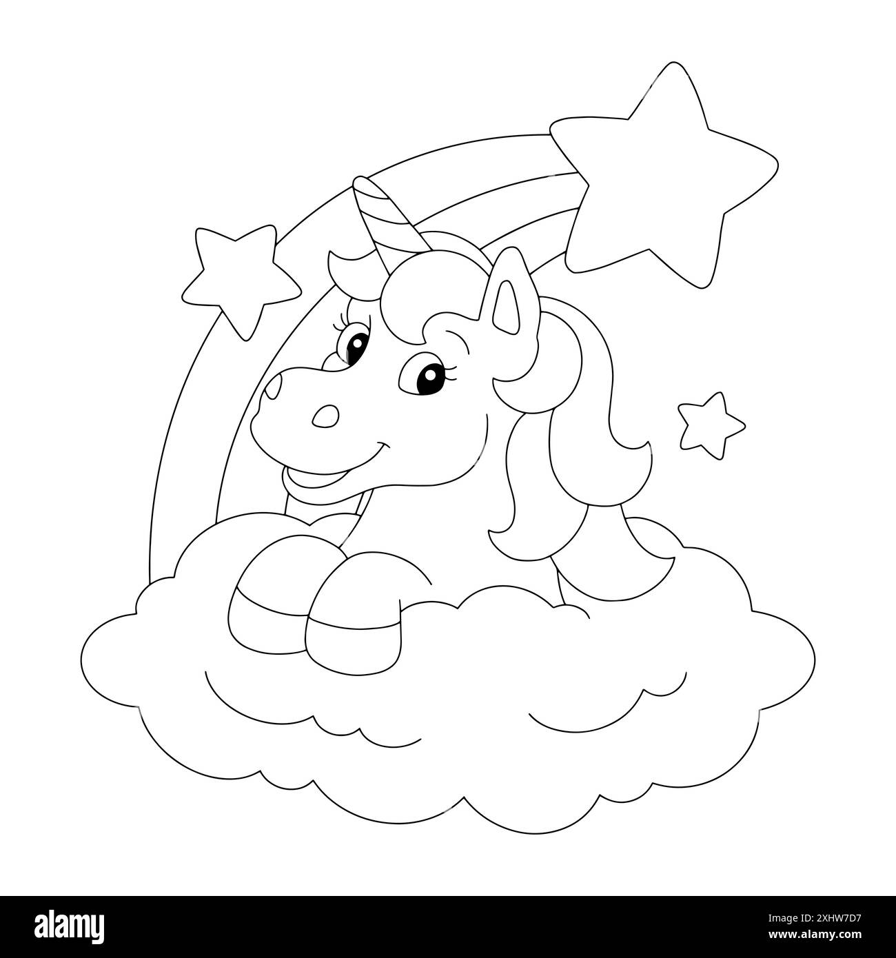 A cute unicorn jumps out of a cloud with a rainbow. Coloring book page ...