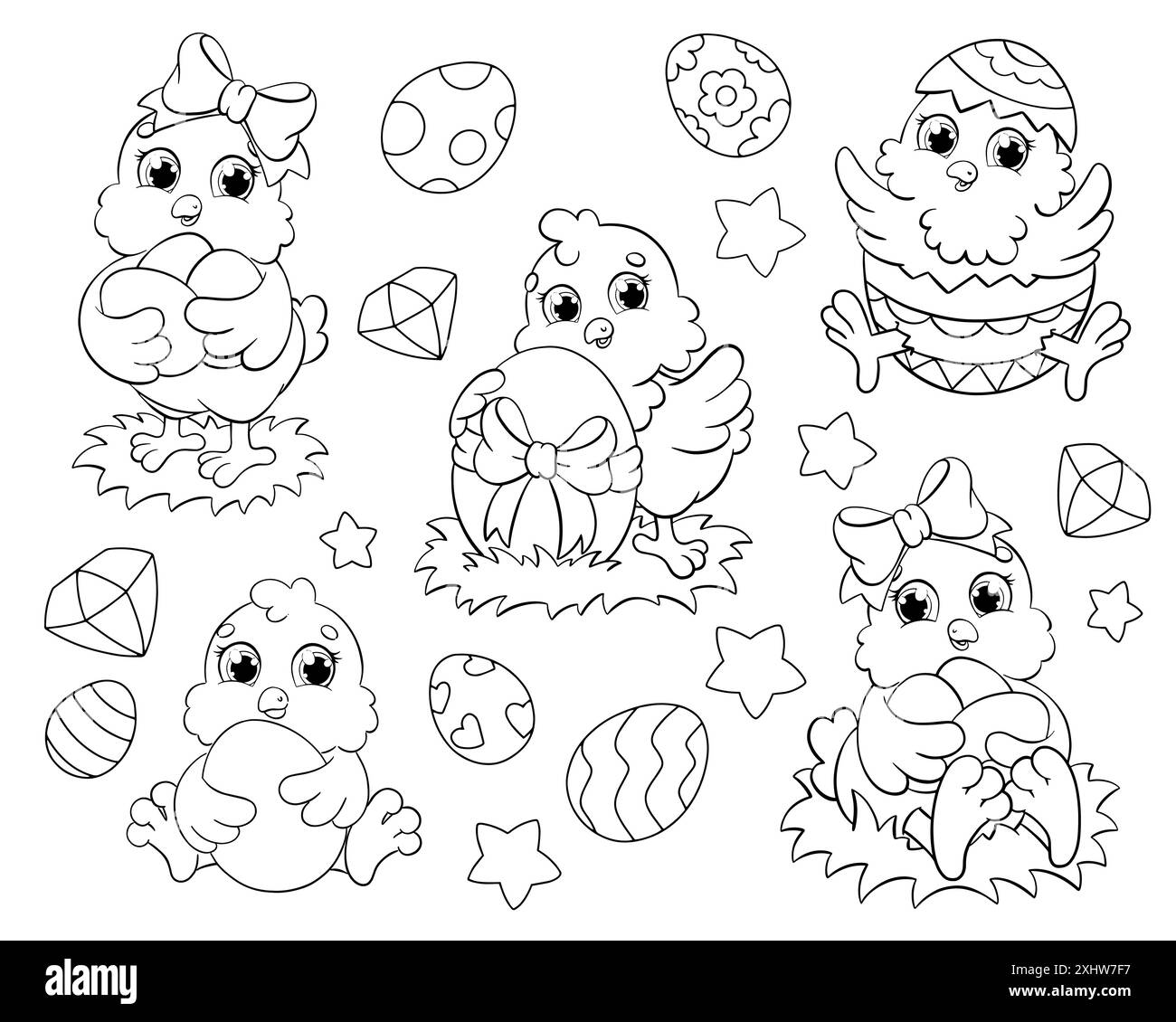 Coloring book page for kids. Set of cute Easter chickens. Cartoon style