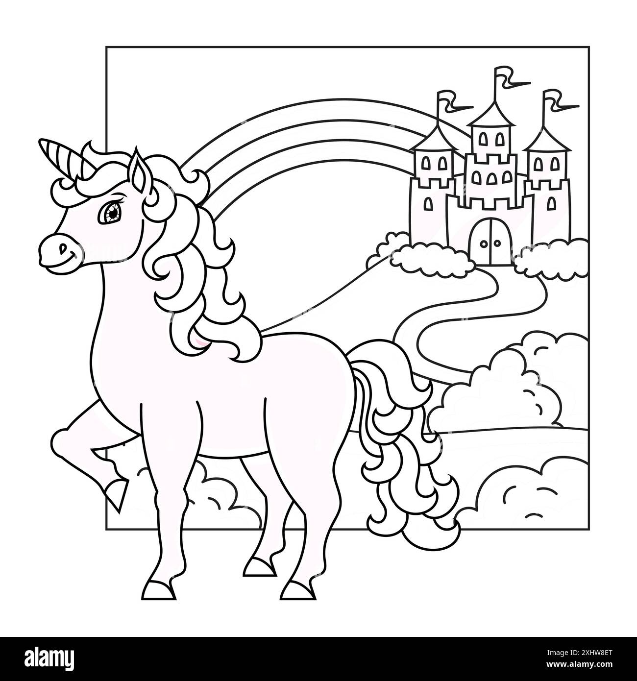 Cute unicorn. Magic fairy horse. Landscape with a beautiful castle. Coloring book page for kids. Cartoon style. Vector illustration isolated on white Stock Vector