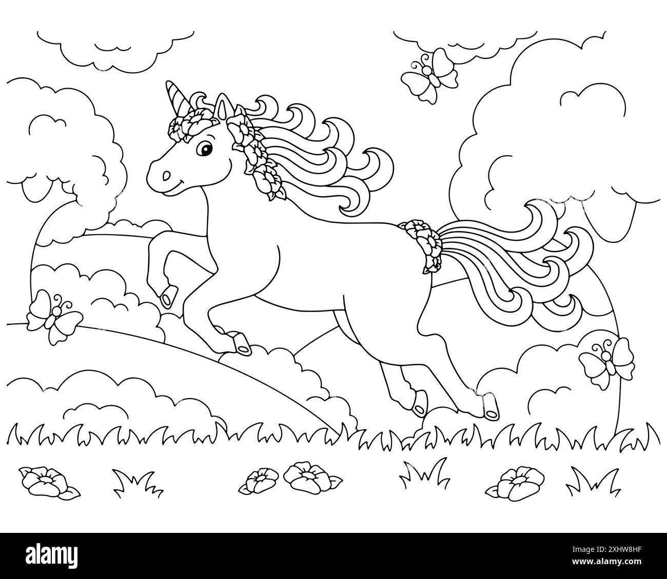 The unicorn jumps across the clearing. Coloring book page for kids ...