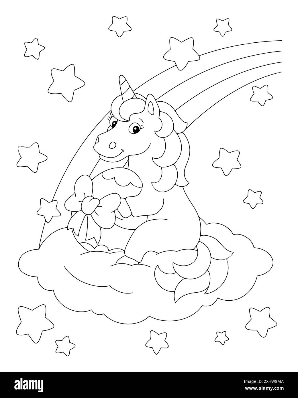The unicorn sits on a cloud and holds an Easter gift. Coloring book ...