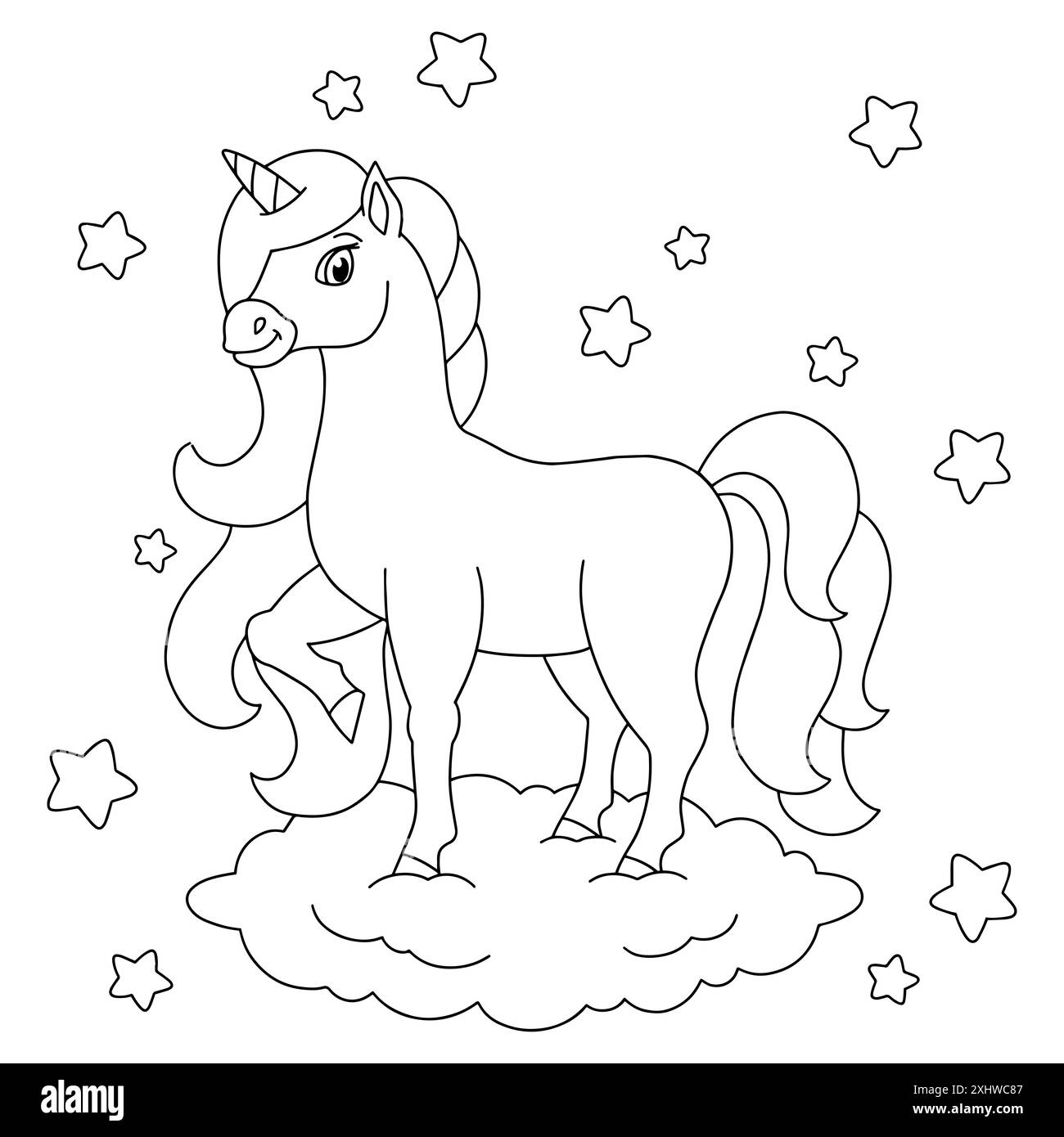 A beautiful unicorn stands on a cloud. Coloring book page for kids ...