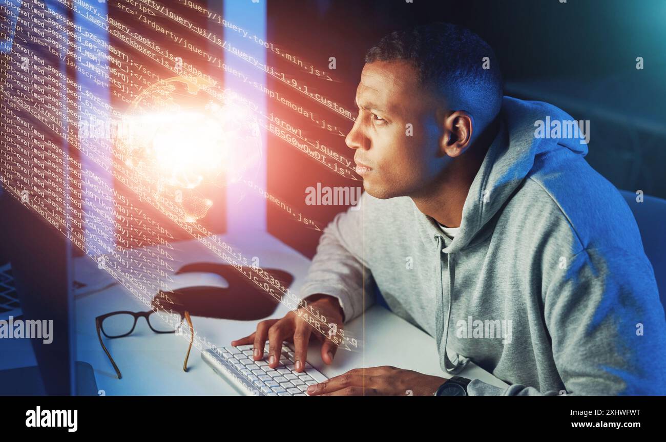 Black man, hacker and code glitch overlay of cybersecurity problem with coding graphic for cybercrime. Programmer, night and software update on Stock Photo
