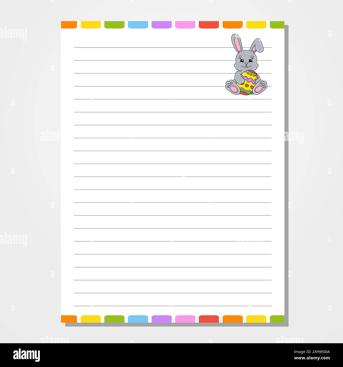 Sheet template for notebook, notepad, diary. Lined paper. Cute character. Easter theme. Isolated vector illustration. cartoon style. Stock Vector