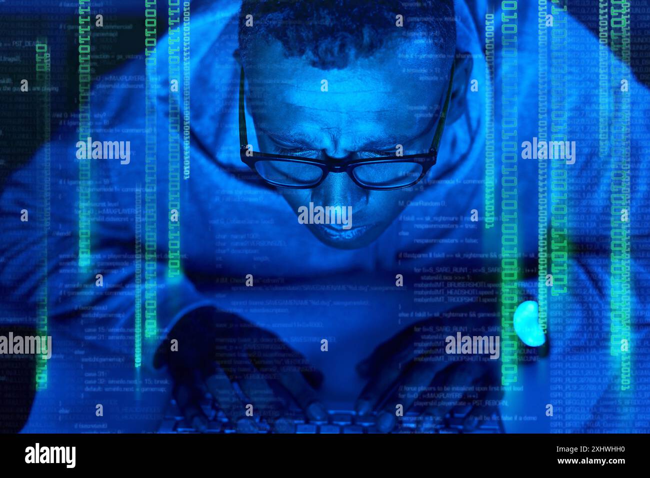 Black man, hacker and cracking code overlay of cybersecurity error with ...