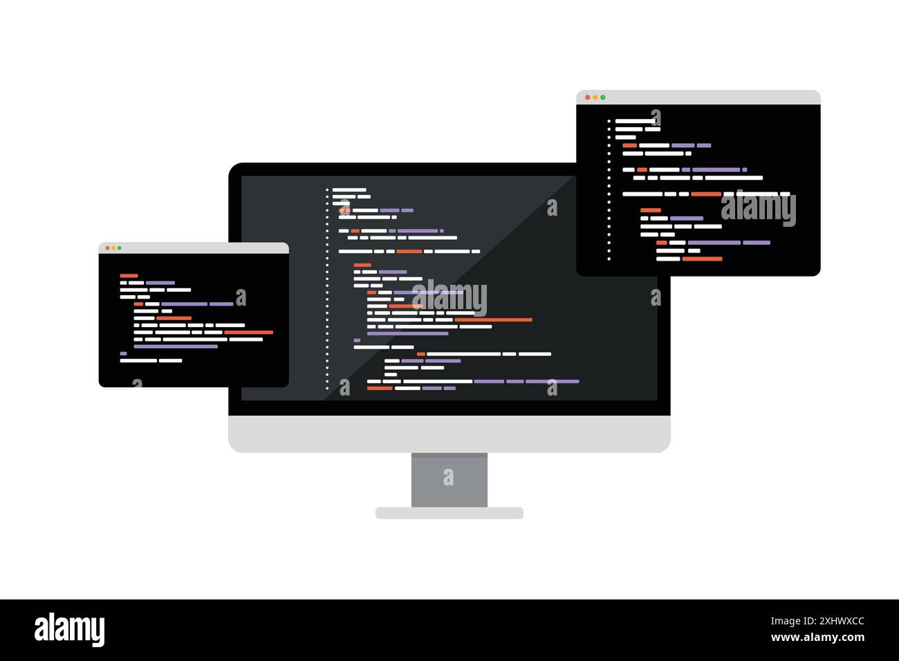 Concept of computer programming or developing software or game. Vector flat illustration with coding, Java, HTML, symbols and programming windows. Inf Stock Vector