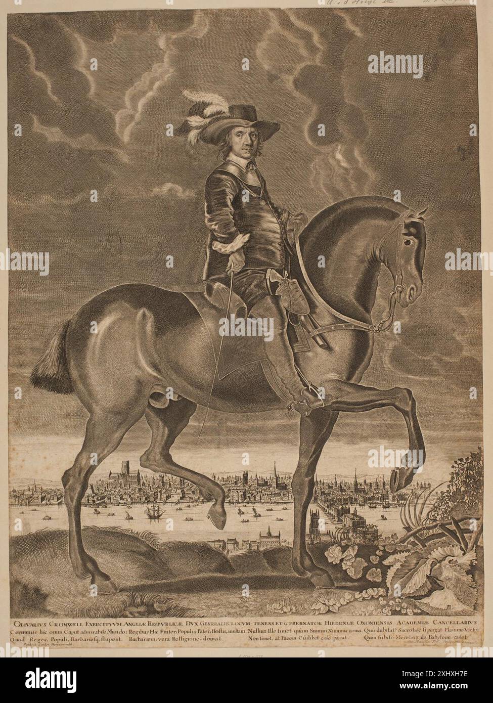 Oliver Cromwell to horse Hoeye, Rombout van den 1622 - 1671, Haelwegh, Albert 1598 - 1673 Copper engraving, Print Kobberstikkeren Albert Haelwegh, Jørgen Sthyr, cf. nr. 286, 14099, 1938. Hollstein's Dutch and Flemish etchings, engravings and woodcuts 1450-1700 (vol. IX), Heer - Kuyl, F.W.H. Hollstein, 4, C 38945, 1953. Hollstein's Dutch and Flemish etchings, engravings and woodcuts 1450-1700 (vol. VIII), Goltzius - Heemskerck, F.W.H. Hollstein, p. 199, nr. 26, C 38945, 1953 Oliver Cromwell til hest Stock Photo