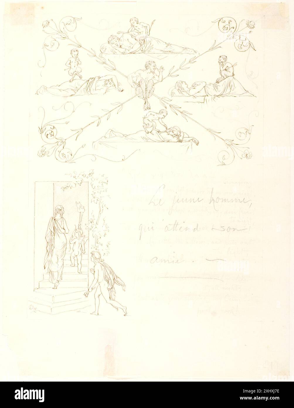 Drawing by Lorenz Frølich illustrating a figure lying or moving across ...