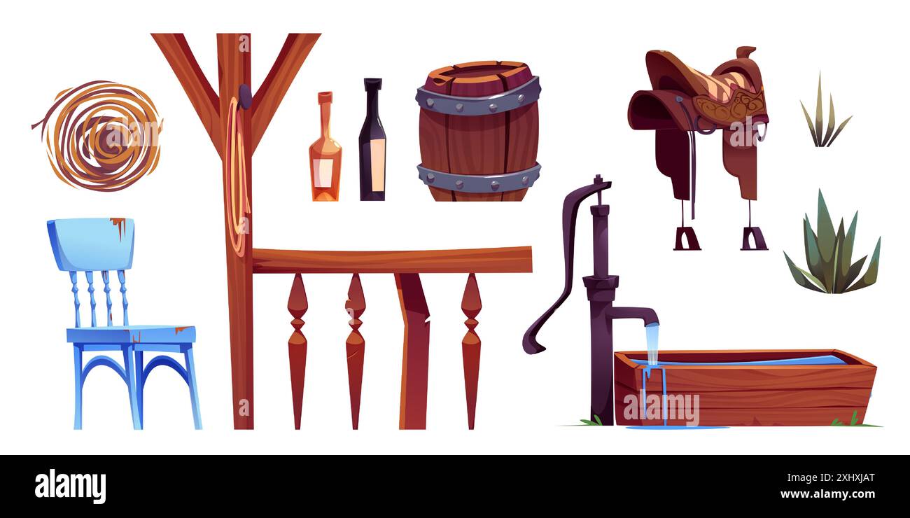 Western saloon bar wooden interior cartoon. Old tavern illustration with isolated saddle, chair and counter. Retro pub design collection for desert Texas game. Water basin and plant asset kit Stock Vector